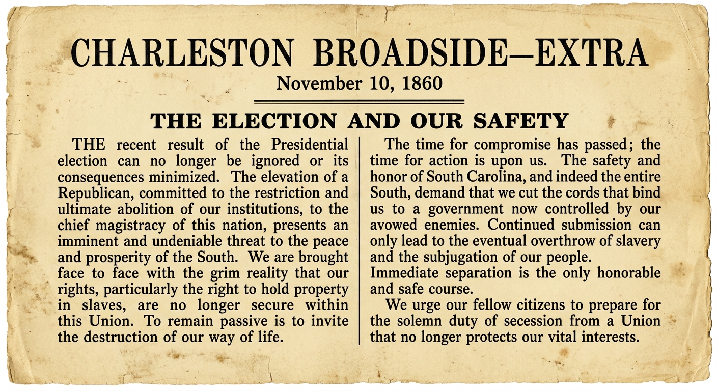 A sepia-toned 1860 broadside titled "Charleston Broadside—Extra" dated November 10, 1860, warning that a Republican election threatens Southern institutions and urging immediate separation from the Union.