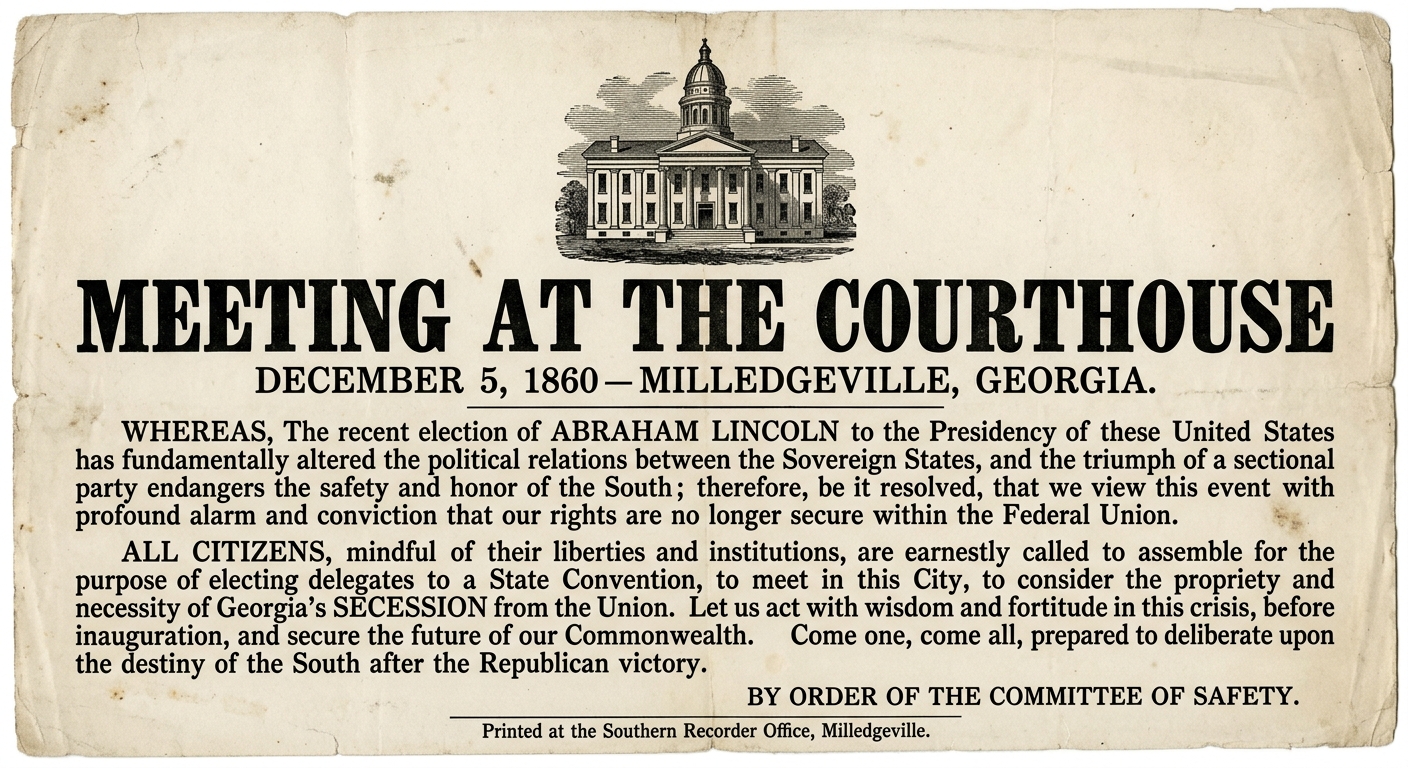 An aged paper handbill titled "Meeting at the Courthouse" dated December 5, 1860 in Milledgeville, Georgia, referencing Lincoln’s election and calling for delegates to meet to consider secession before the inauguration.