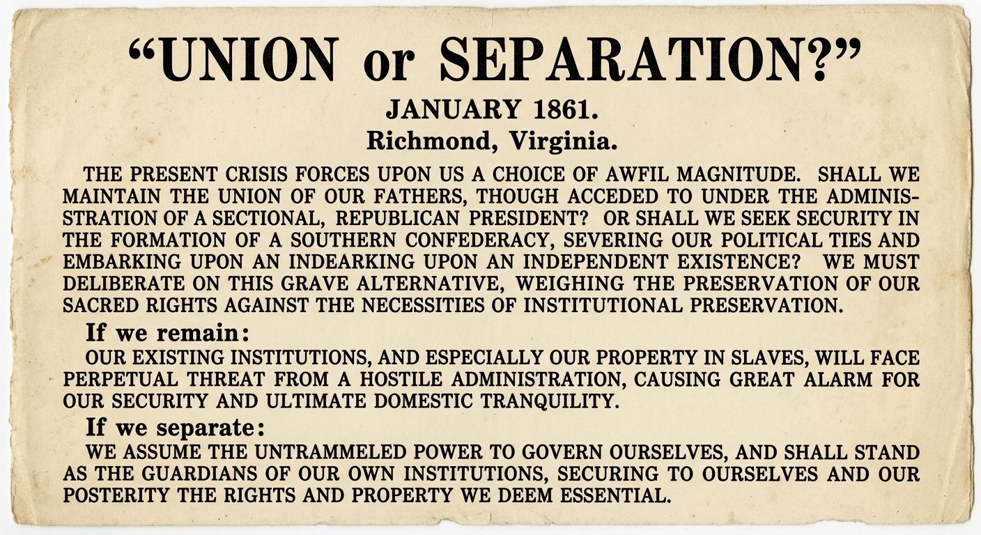 An aged paper pamphlet excerpt titled "Union or Separation?" dated January 1861 in Richmond, Virginia, comparing remaining in the Union under a Republican president with forming a Southern confederacy.