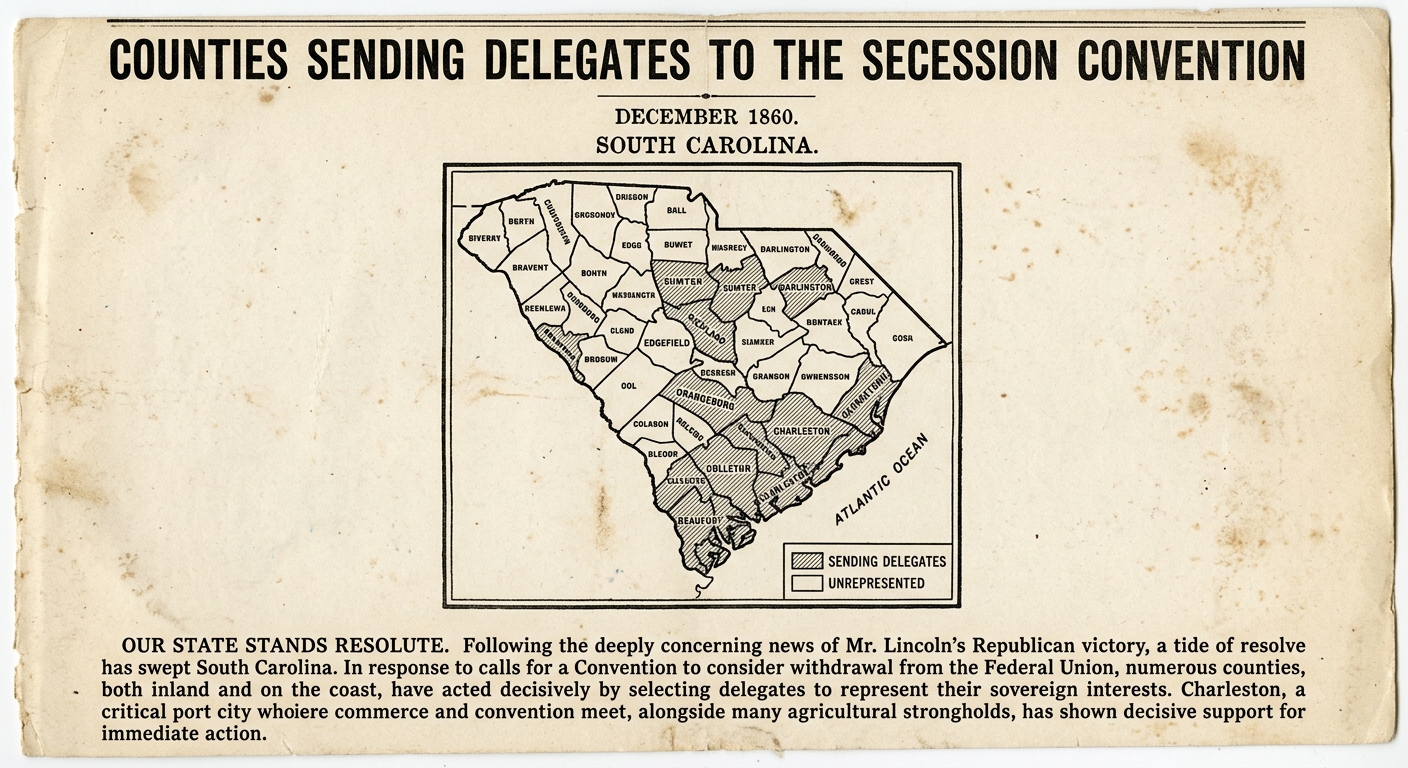 An aged 1860 newspaper-style map of South Carolina with several counties shaded and a caption about sending delegates to a secession convention after Lincoln’s election.