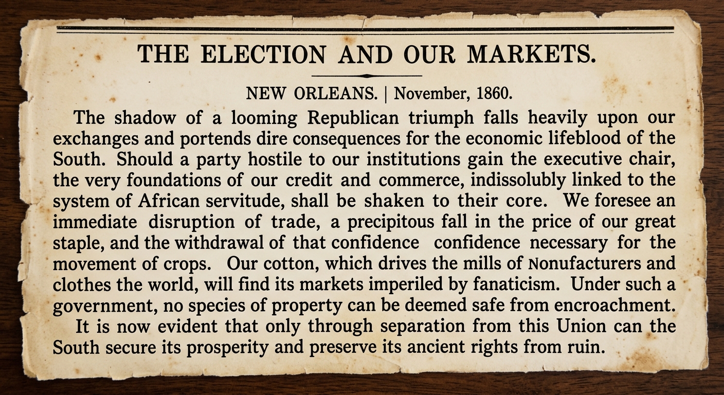 An aged 1860 newspaper editorial titled "The Election and Our Markets" dated November 1860 in New Orleans, warning that a Republican victory threatens the Southern economy tied to slavery and cotton trade.