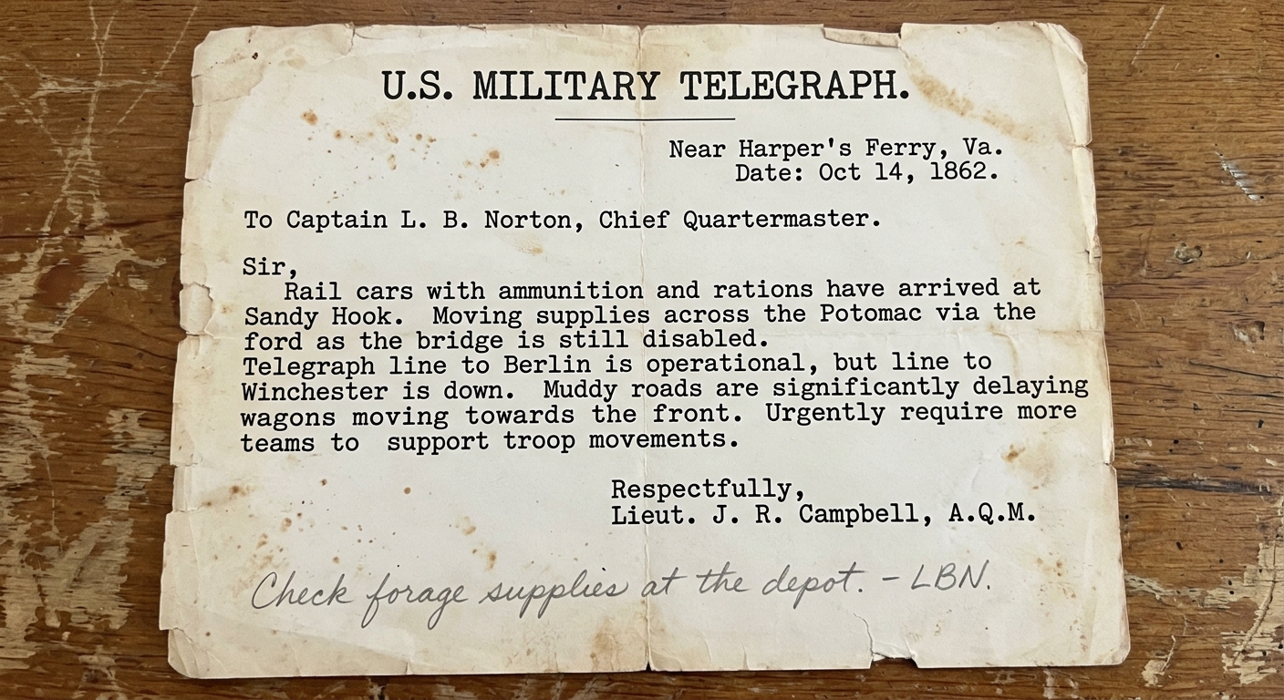 null Facsimile of an 1862 Union Army telegraph dispatch on aged paper mentioning rail cars, telegraph lines, muddy roads, and a river crossing for moving supplies.