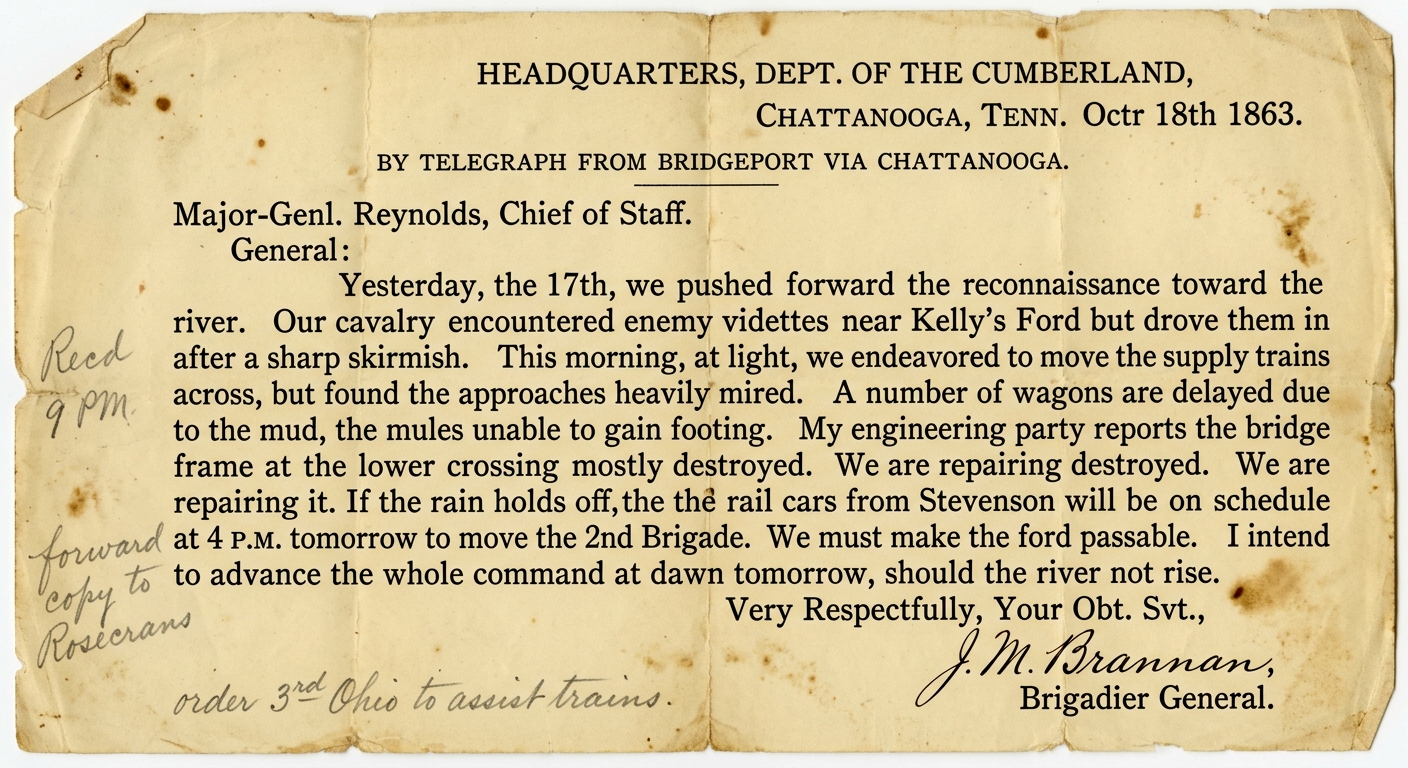 null Facsimile of an 1863 Civil War headquarters dispatch with a date and time markers like “yesterday” and “at dawn tomorrow,” describing a sequence of supply movements near a river crossing.