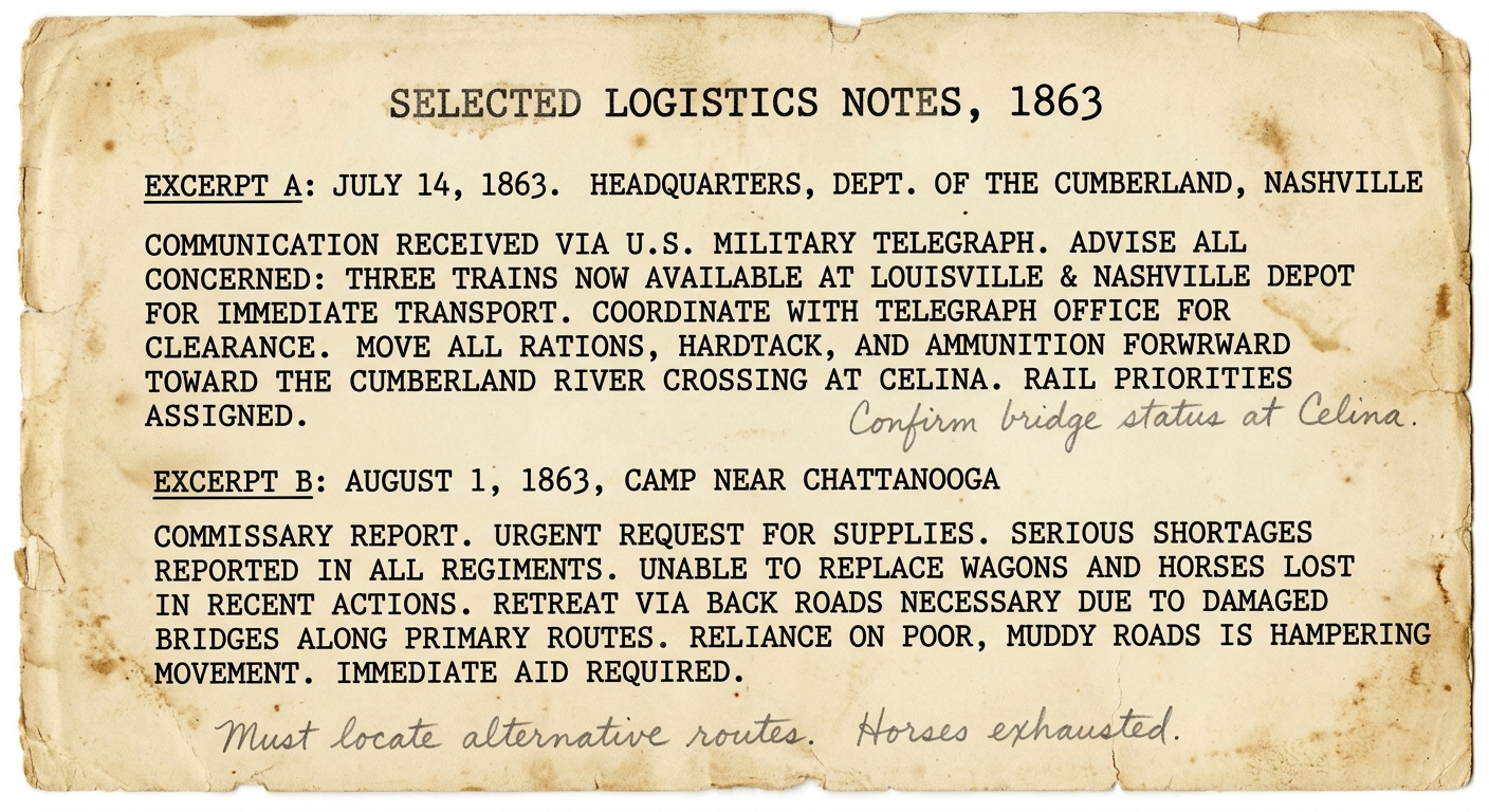 null Aged-paper facsimile titled “Selected Logistics Notes, 1863” with two labeled excerpts (A and B) comparing Union and Confederate supply challenges using details about rail, telegraph, roads, bridges, and shortages.