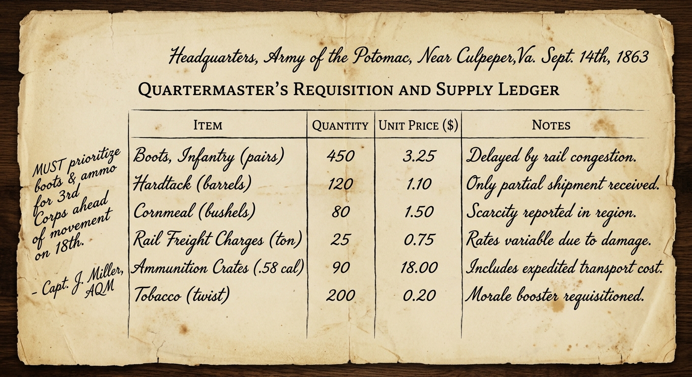 null Aged-paper facsimile of an 1863 quartermaster supply ledger listing items, quantities, prices, and notes about shortages and delayed rail shipments.
