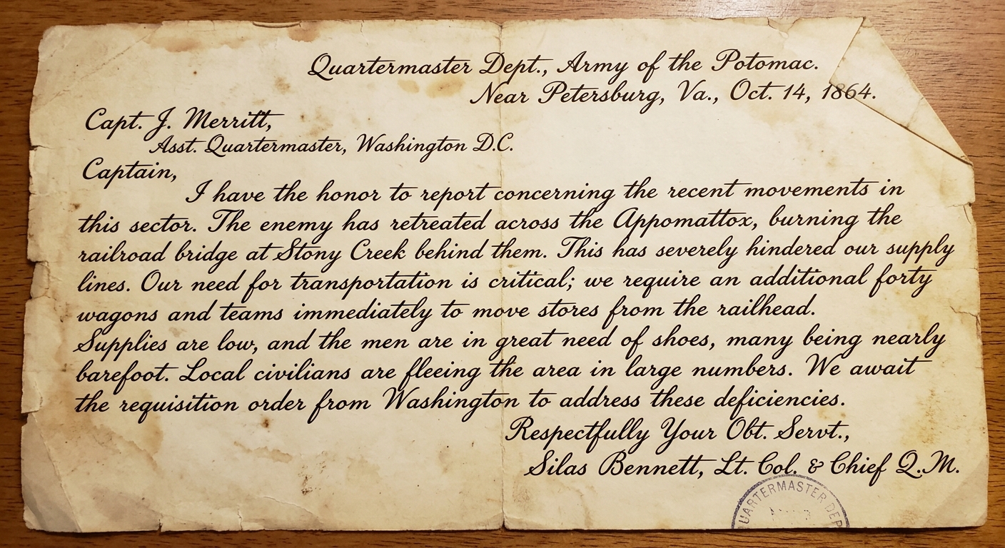Handwritten Civil War–era quartermaster letter dated Oct. 14, 1864, describing a burned railroad bridge, shortages, civilians fleeing, and a requisition order.