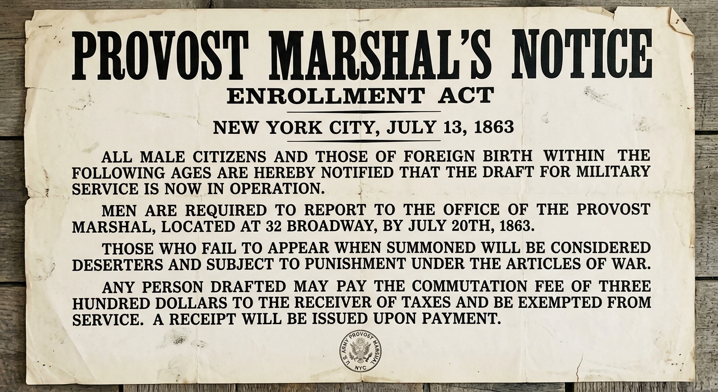 Civil War–era printed provost marshal notice dated July 13, 1863 in New York City about reporting for the draft under the Enrollment Act.