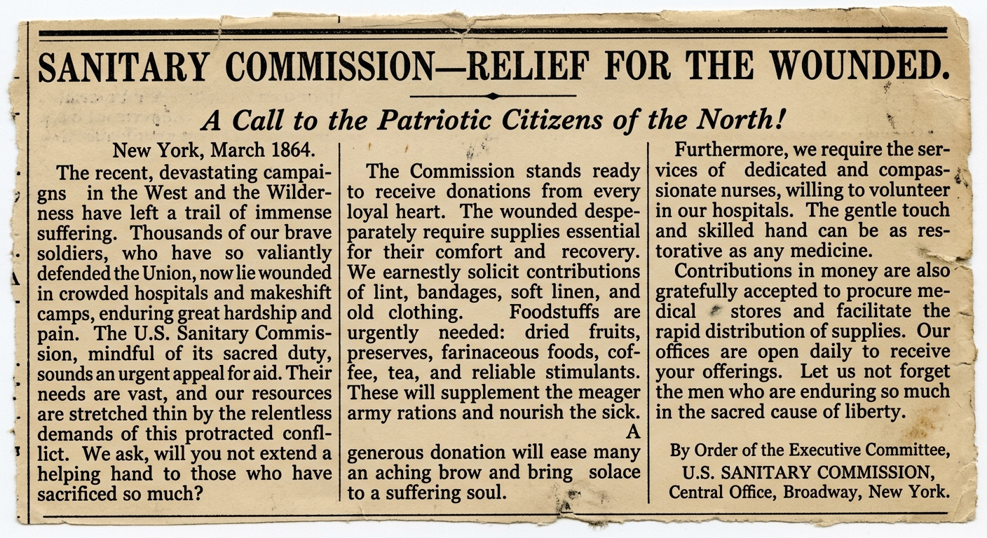 Civil War–era newspaper notice dated March 1864 asking civilians to donate supplies to aid wounded soldiers through a relief organization.