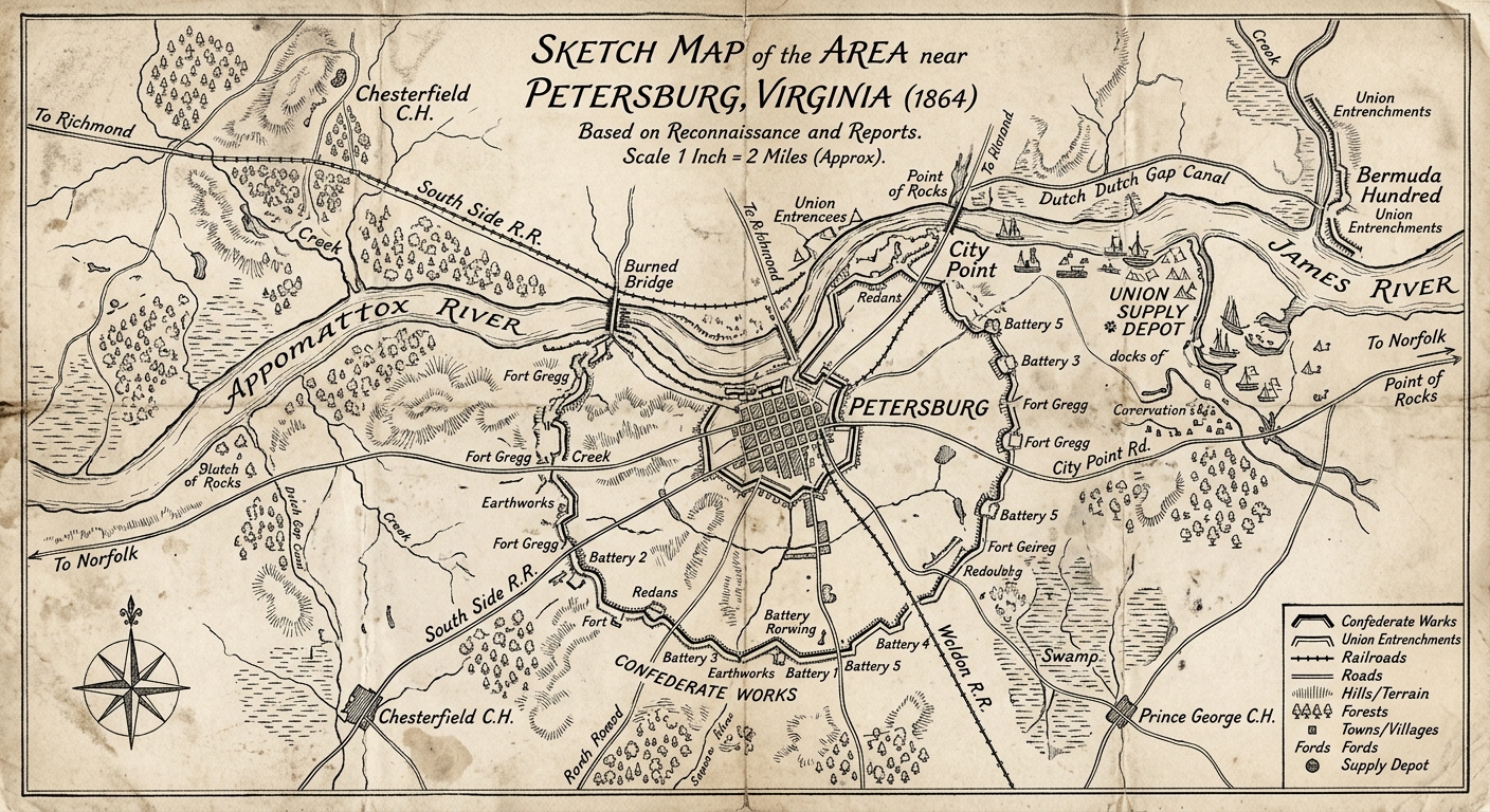Civil War–era sketch map near Petersburg, Virginia (1864) showing river, railroads, a burned bridge, supply depot, and Confederate works.