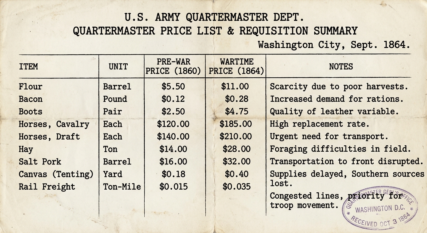Civil War–era quartermaster price list dated 1864 comparing pre-war and wartime prices for supplies and transportation.