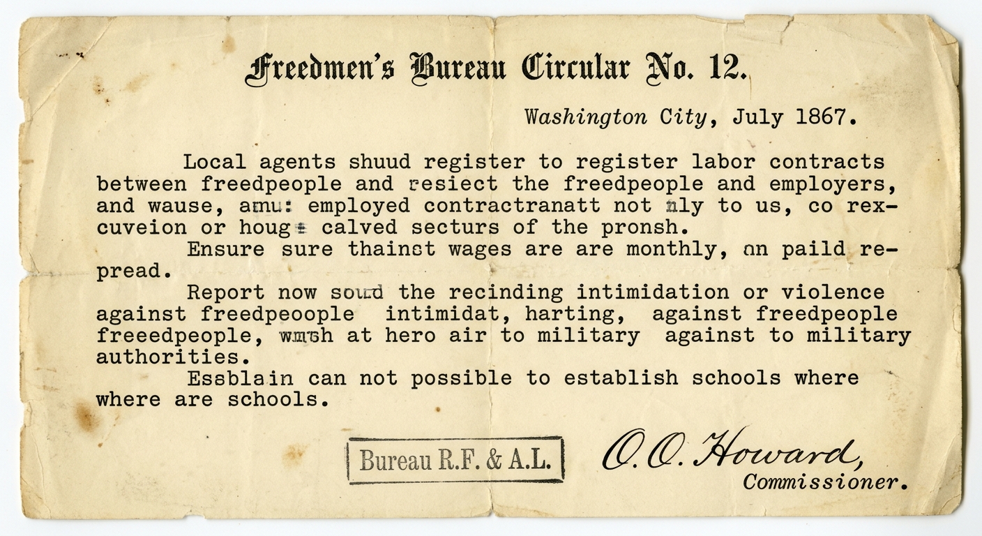 Archival-style scan of an 1867 circular from the Freedmen’s Bureau about registering labor contracts, protecting freedpeople’s rights, and supporting schools.