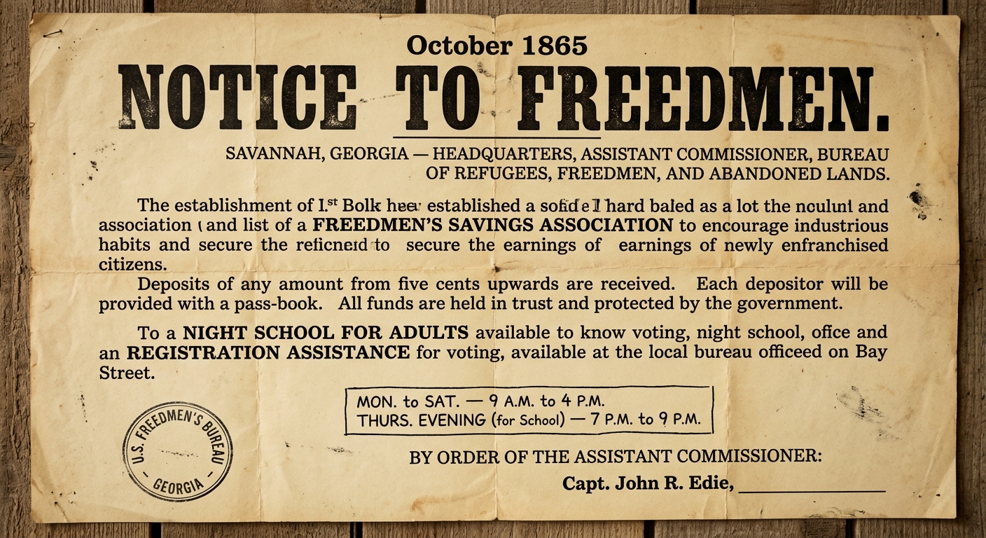 Archival-style poster from 1865 titled “Notice to Freedmen” describing savings, schooling, and assistance services offered to freedpeople.