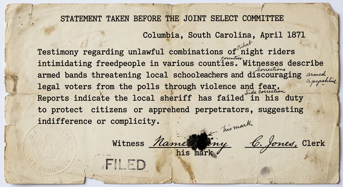 Archival-style 1871 congressional testimony describing intimidation and violence against freedpeople, teachers, and voters during Reconstruction.