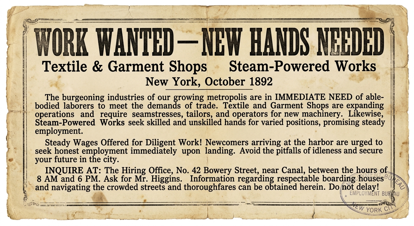 A scanned-style 1892 New York City broadside titled “Work Wanted—New Hands Needed,” advertising factory jobs and giving instructions for newcomers, printed on aged yellow paper with a decorative border.