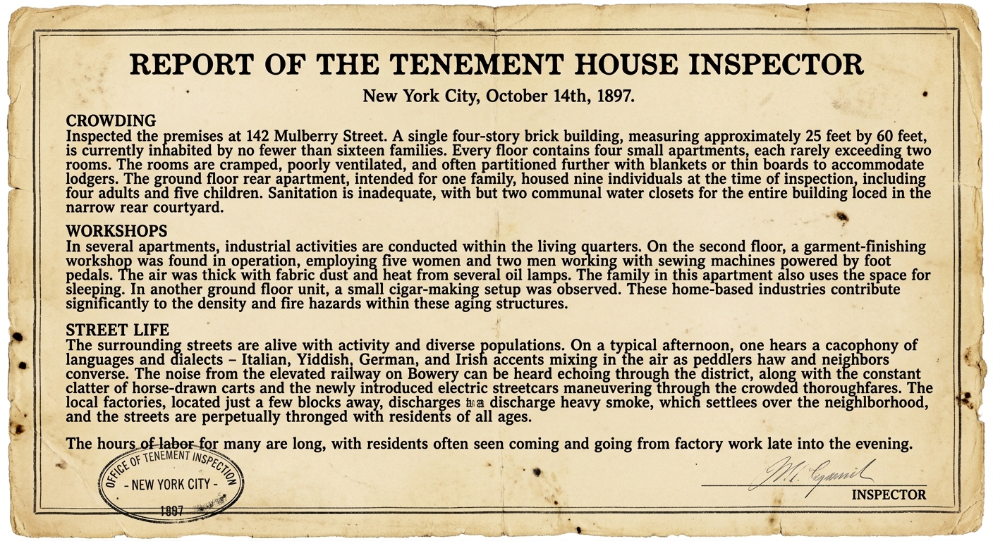 A scanned-style 1897 New York City ‘Tenement House Inspector’ report excerpt describing crowded housing, factory work, and diverse street life, printed on aged paper with an official stamp.