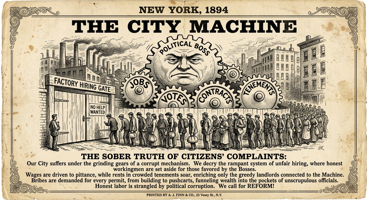 A scanned-style 1894 New York City political cartoon broadside titled “The City Machine,” showing a political boss controlling jobs, votes, and contracts as workers and immigrants line up for hiring, with text about bribes and labor conditions.