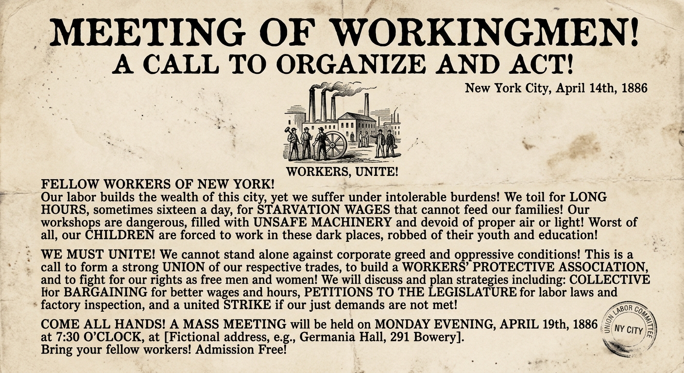 A scanned-style 1886 New York City labor union handbill calling workers to a meeting about long hours and unsafe factories, listing strategies such as petitions and strikes, printed on aged paper with a small illustration.