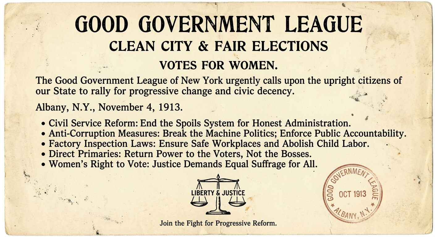 A scanned-style 1913 Albany, New York reform leaflet calling for clean government, fair elections, factory inspection laws, and women’s suffrage, printed on aged paper with a simple emblem.