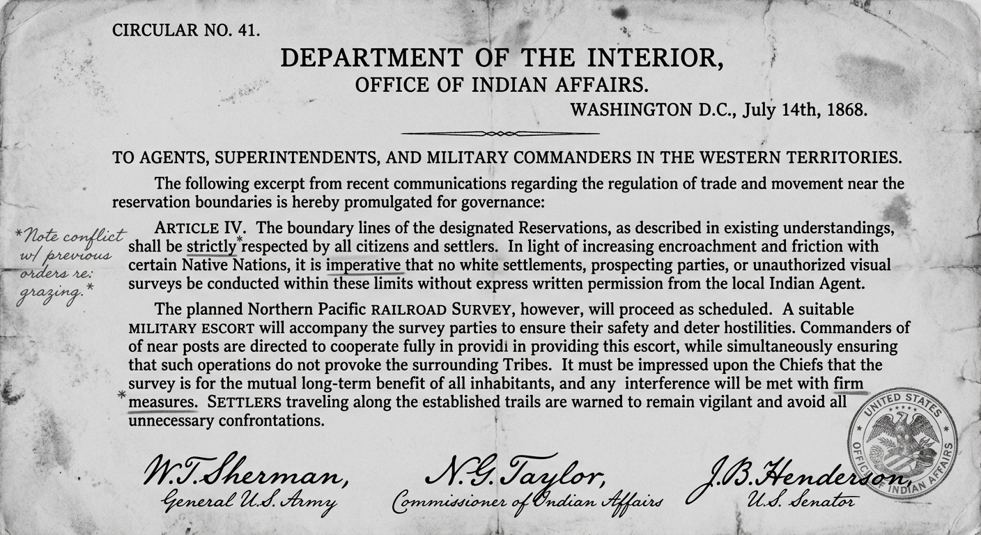 Grayscale scan of an aged 1868 U.S. government document excerpt with an ink seal and signatures discussing reservation boundaries, settlers, a railroad survey, and a military escort.