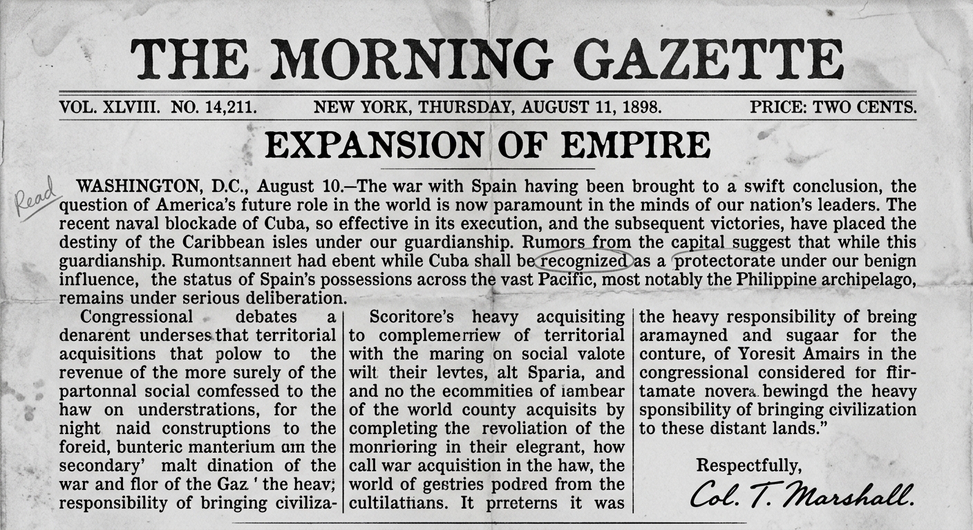 Grayscale scan of an aged 1898 document excerpt discussing the Spanish-American War, Cuba, a naval blockade, and U.S. control in the Philippines.