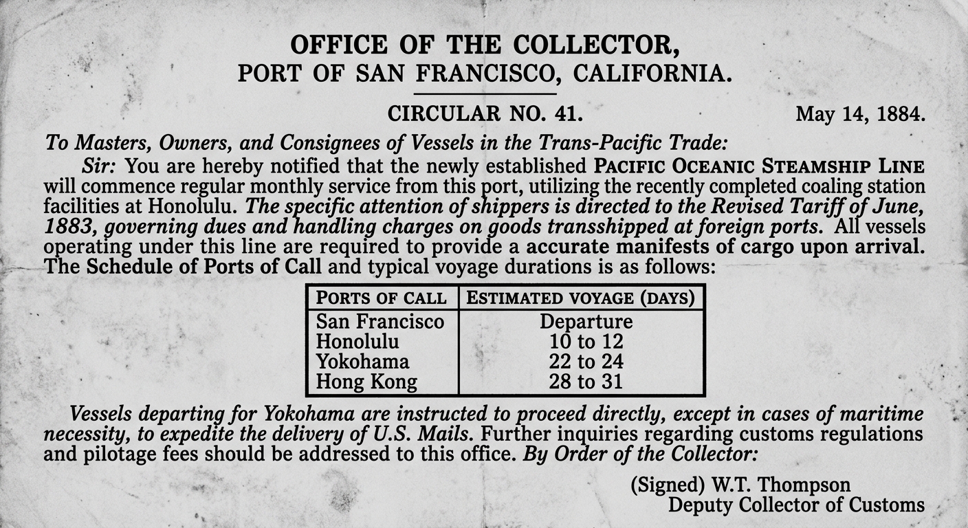 Grayscale scan of an aged 1884 circular listing Pacific ports and shipping details, referencing steamship trade, tariffs, and a coaling station.