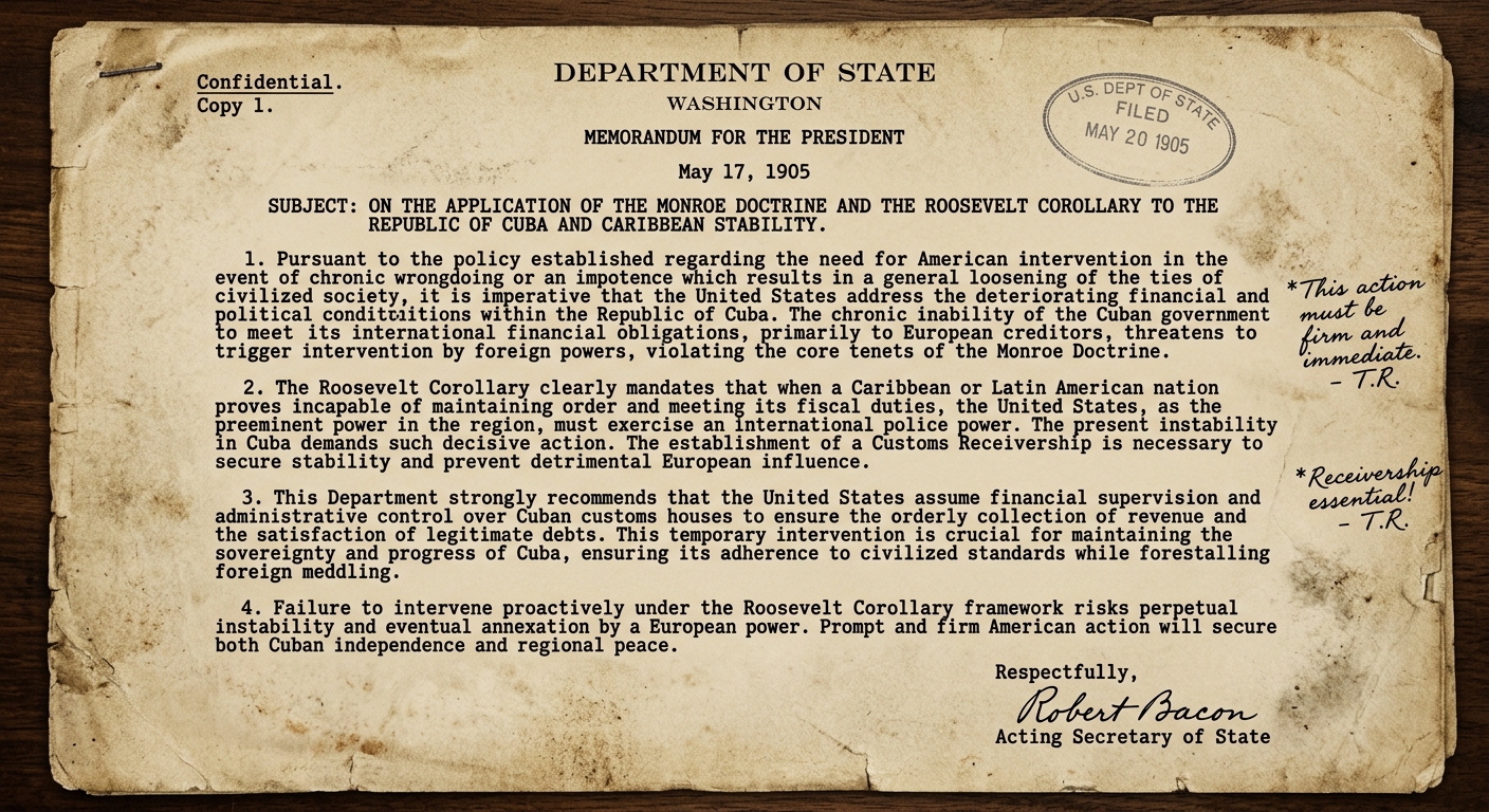 Grayscale scan of an aged 1905 U.S. Department of State note mentioning the Monroe Doctrine, the Roosevelt Corollary, and U.S. financial supervision and intervention in a Caribbean nation.