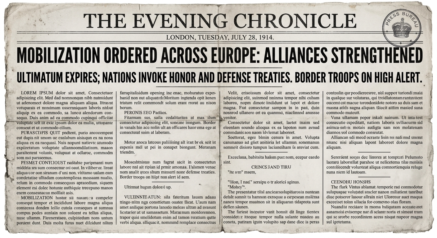 Black-and-white newspaper clipping dated July 1914 with a headline about mobilization and alliances, plus short columns of printed text.