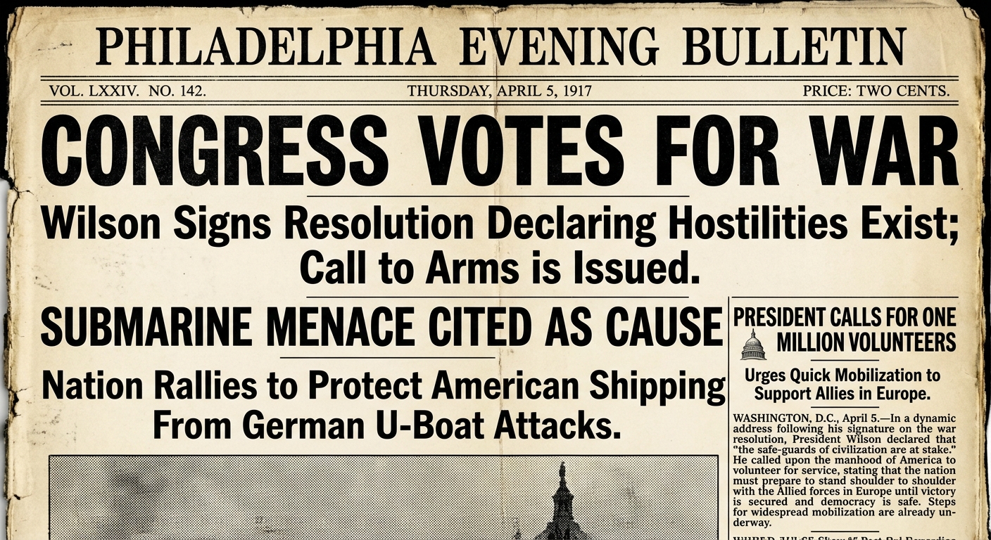 Black-and-white U.S. newspaper-style clipping from 1917 announcing the United States entering World War I with references to submarine warfare and supporting the Allies.