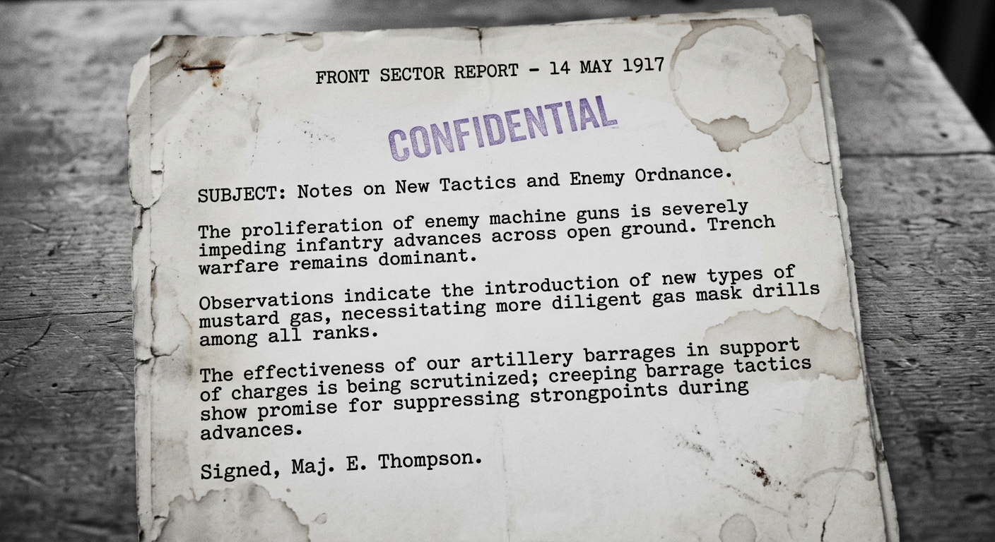 Black-and-white typewritten field report dated 1917 describing machine guns, poison gas, and artillery changing World War I tactics.