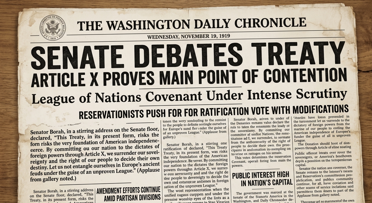 Black-and-white 1919–1920 newspaper-style document about the U.S. Senate debate over the Treaty of Versailles and the League of Nations.