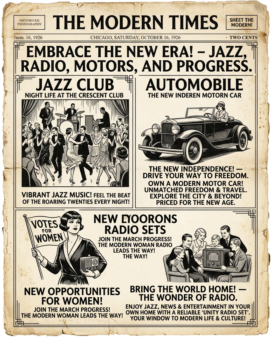 1920s-style newspaper or magazine page showing jazz, radio, cars, and changing roles for women with short ad copy.