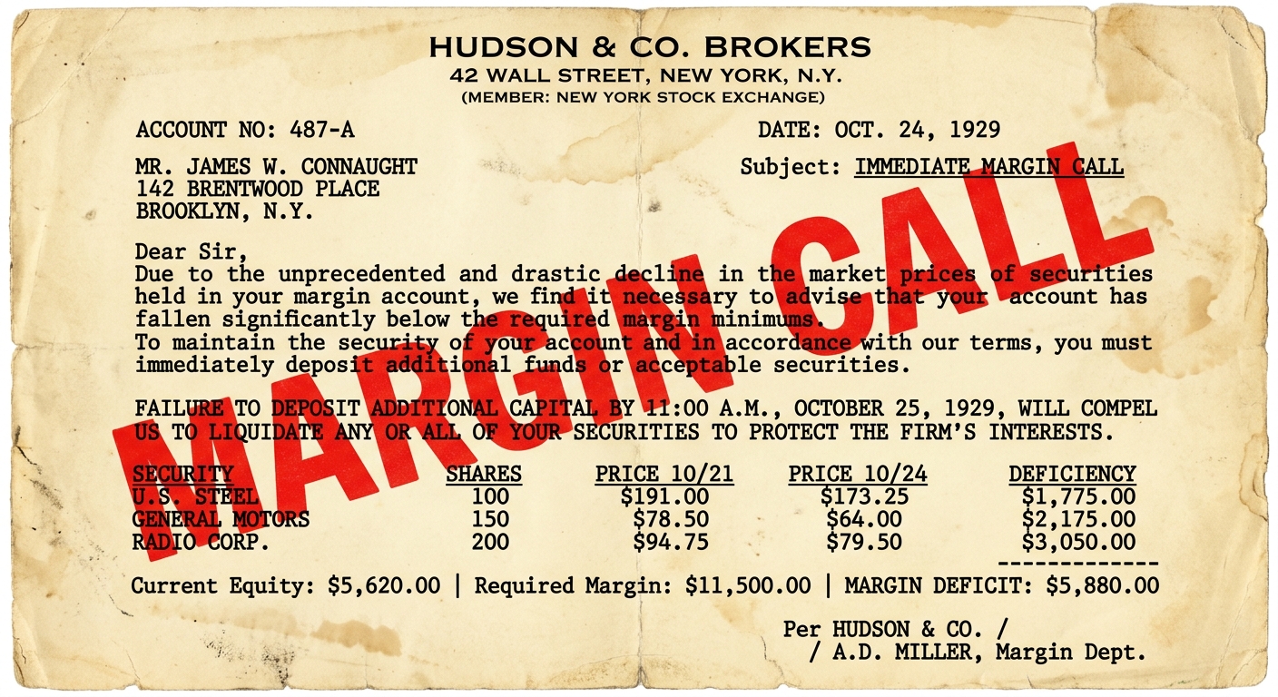 A sepia-toned 1929 brokerage margin call notice dated Oct. 24, 1929, with a table of stock holdings and a red “MARGIN CALL” stamp.