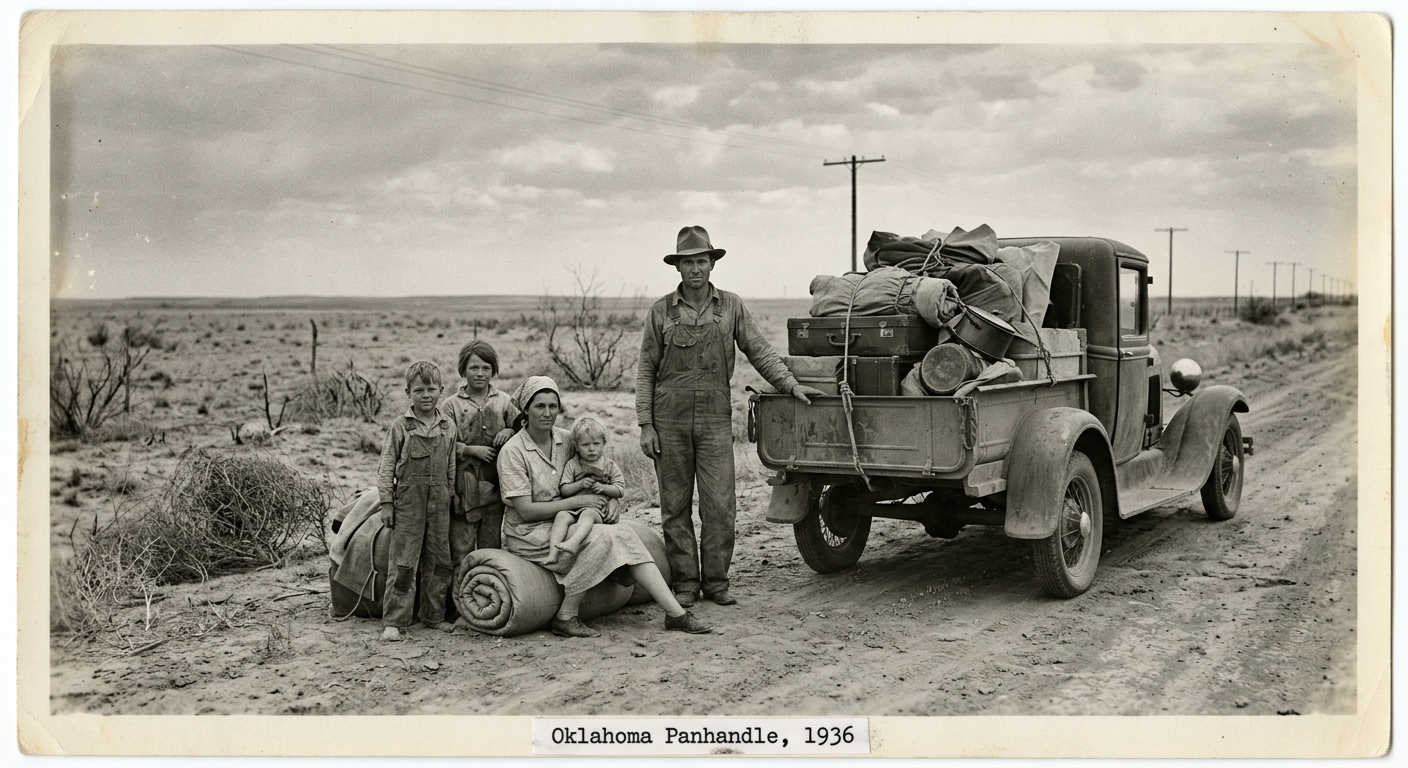 A black-and-white 1930s-style photo of a Dust Bowl family with belongings beside an old car on a dusty rural roadside, labeled “Oklahoma Panhandle, 1936.”