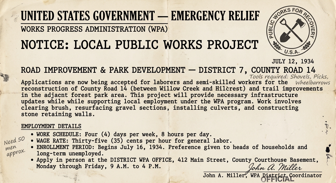 A 1934 New Deal-era government relief notice announcing a public works project with wages and enrollment details, shown as a worn archival document scan.