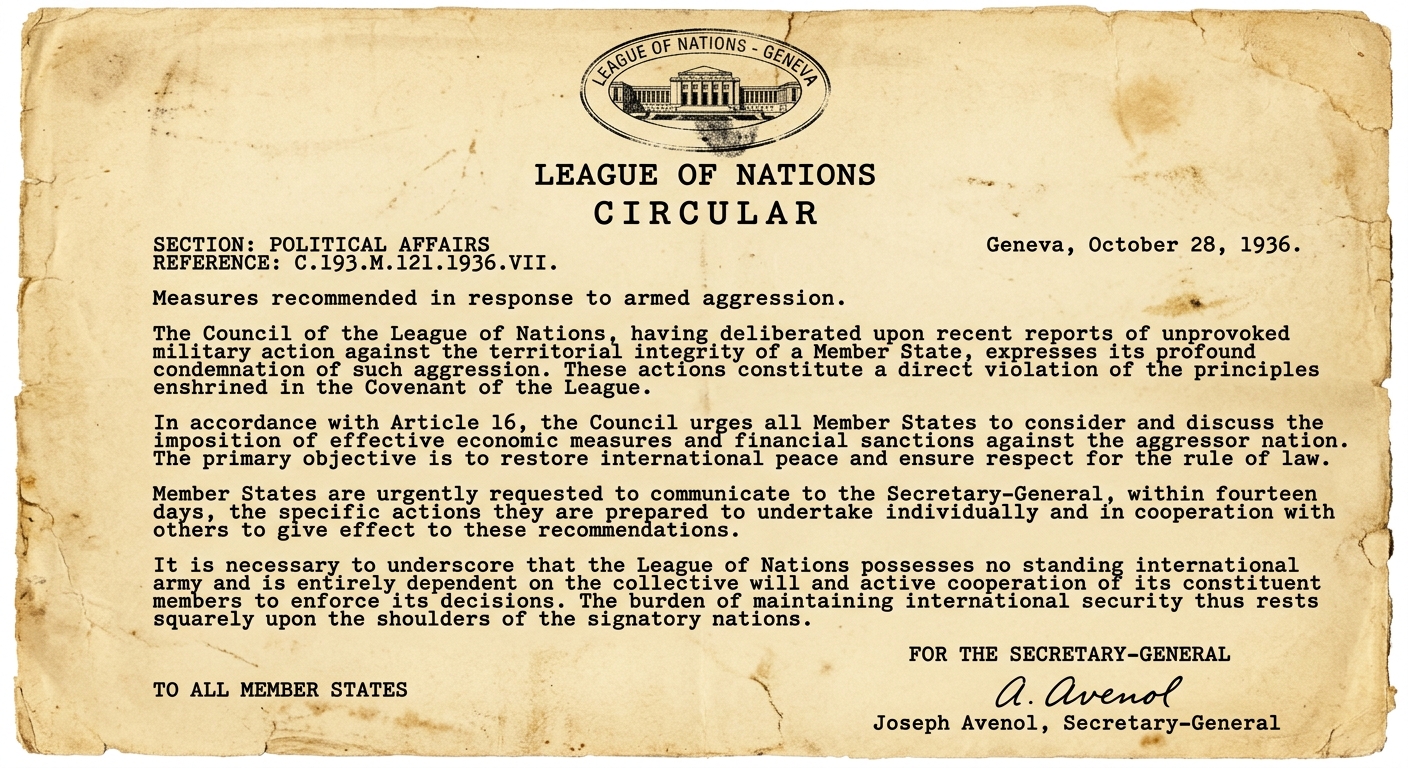 Black-and-white scanned document titled “League of Nations—Circular,” dated Geneva, 1936, discussing recommended measures in response to armed aggression and noting reliance on member cooperation, with a round League of Nations stamp.