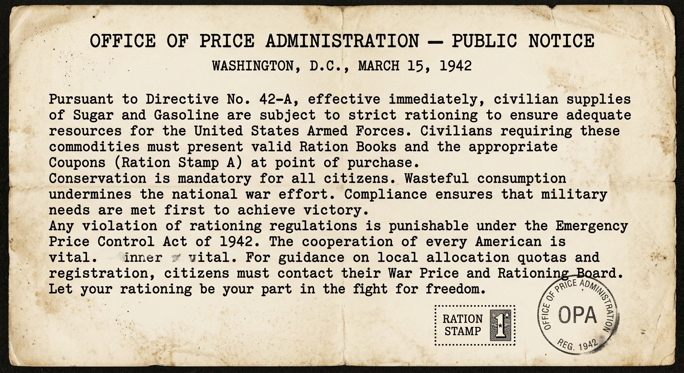Black-and-white scanned 1942 Office of Price Administration public notice announcing sugar and gasoline rationing and requiring ration books, with a small ration stamp box and an OPA seal.