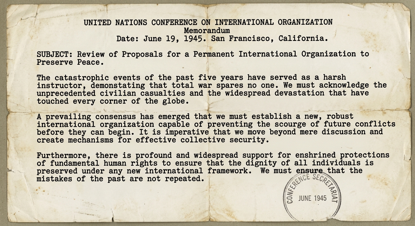 Black-and-white scanned 1945 memorandum from the United Nations Conference in San Francisco calling for an international organization to prevent future wars and protect human rights, with a conference stamp.