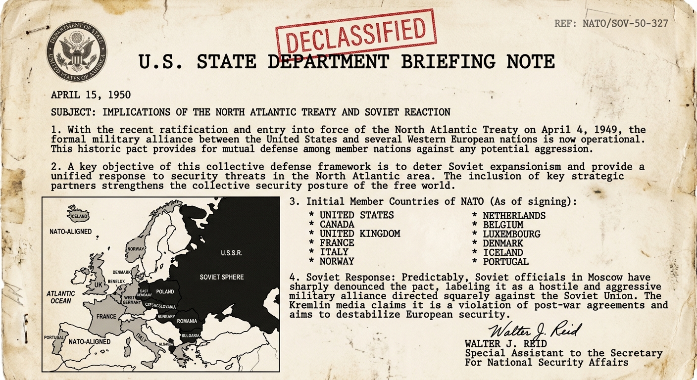 Scanned Cold War–era briefing note dated April 15, 1950 with a declassified stamp, a short list of NATO members, a note about Soviet denunciation, and a small inset map shading Western Europe and Eastern Europe by alliance.