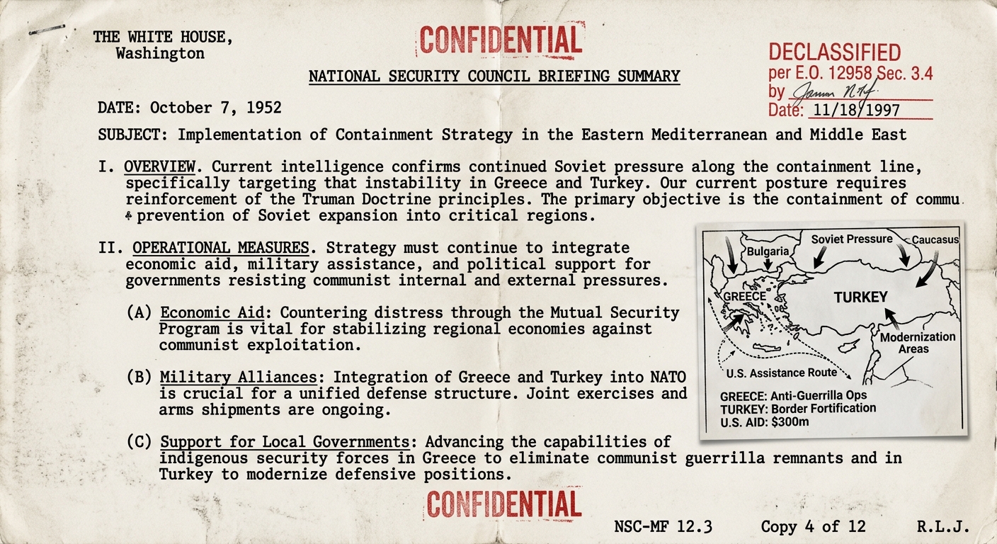Scanned 1952 National Security Council briefing summary about U.S. containment policy, with confidential and declassified stamps and a small inset map of Greece and Turkey showing Soviet pressure and U.S. assistance.