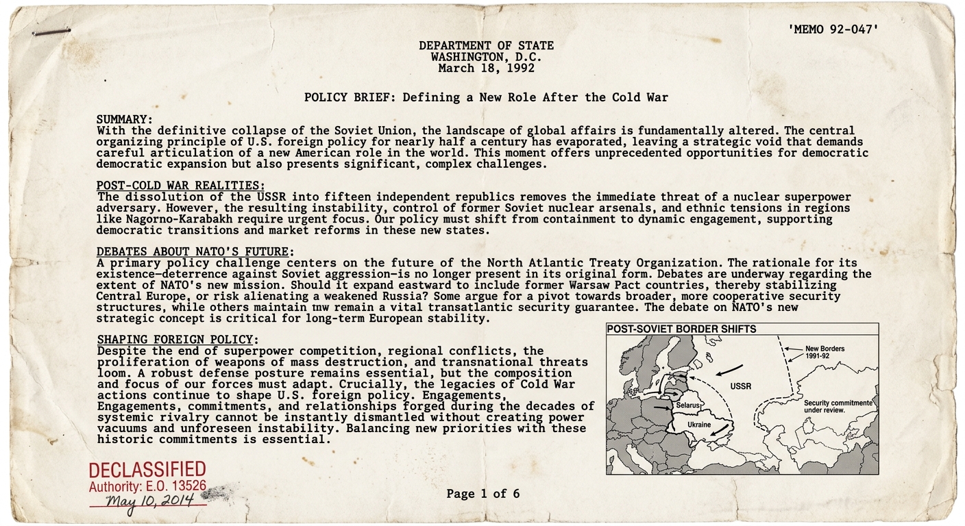 Scanned 1992 U.S. policy brief about the post–Cold War era, noting new borders, debate about NATO’s future, and that Cold War legacies still shape U.S. foreign policy, with a small inset map of Eastern Europe and nearby former Soviet republics.