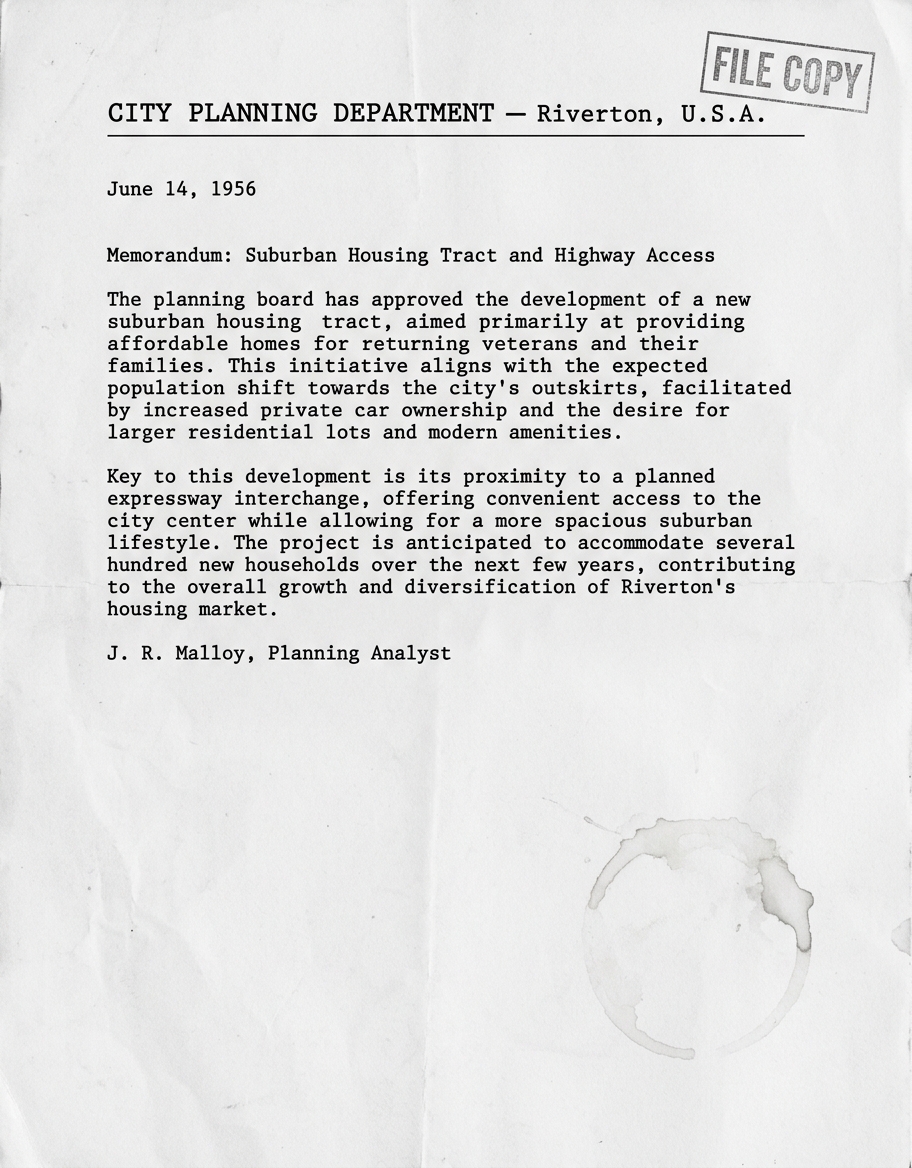 A black-and-white typed 1956 City Planning Department memo about suburban housing and highway access, with a date, letterhead, and a planner’s signature line.