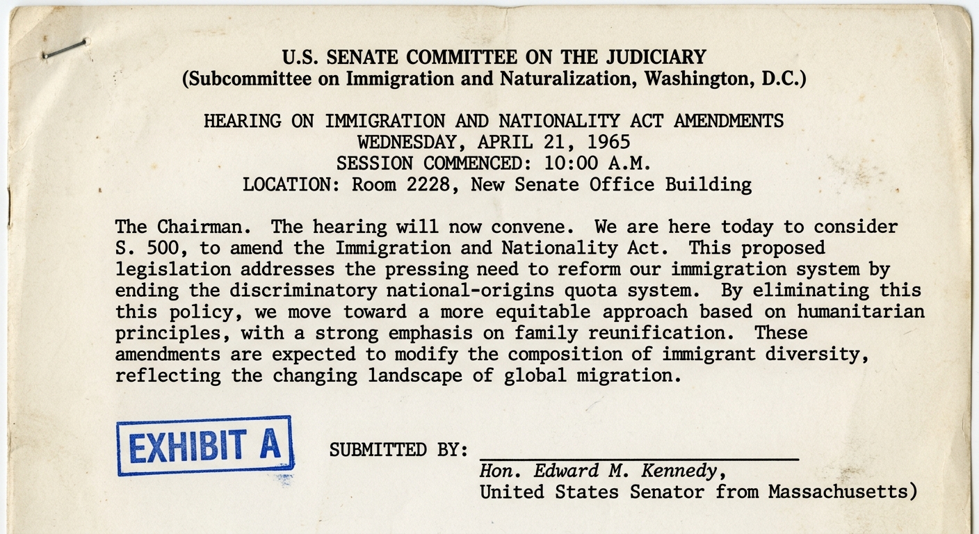 A scanned 1965 U.S. Senate Judiciary Committee hearing excerpt discussing immigration policy changes and expected impacts on immigrant diversity.