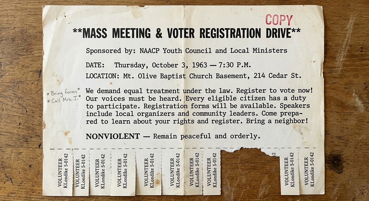 A 1963 typewritten civil rights flyer for a mass meeting and voter registration drive, stamped "COPY," with a note that the event is nonviolent.