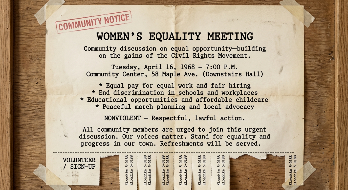 A 1968 typewritten flyer announcing a women’s equality meeting that references civil rights gains and calls for nonviolent action and equal opportunity.