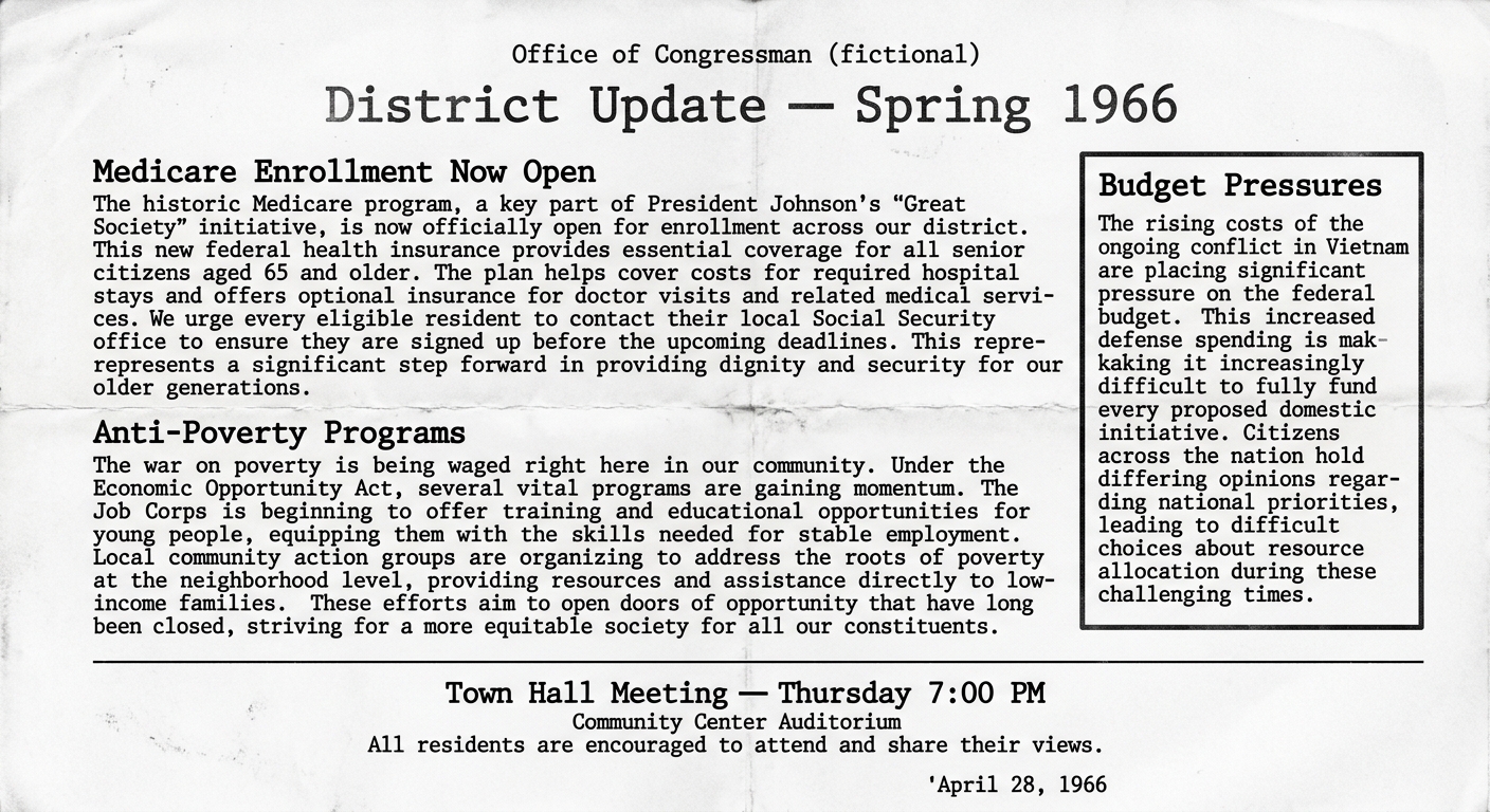 A 1966 black-and-white newsletter describing Medicare enrollment, anti-poverty programs, and budget pressures related to the Vietnam War.