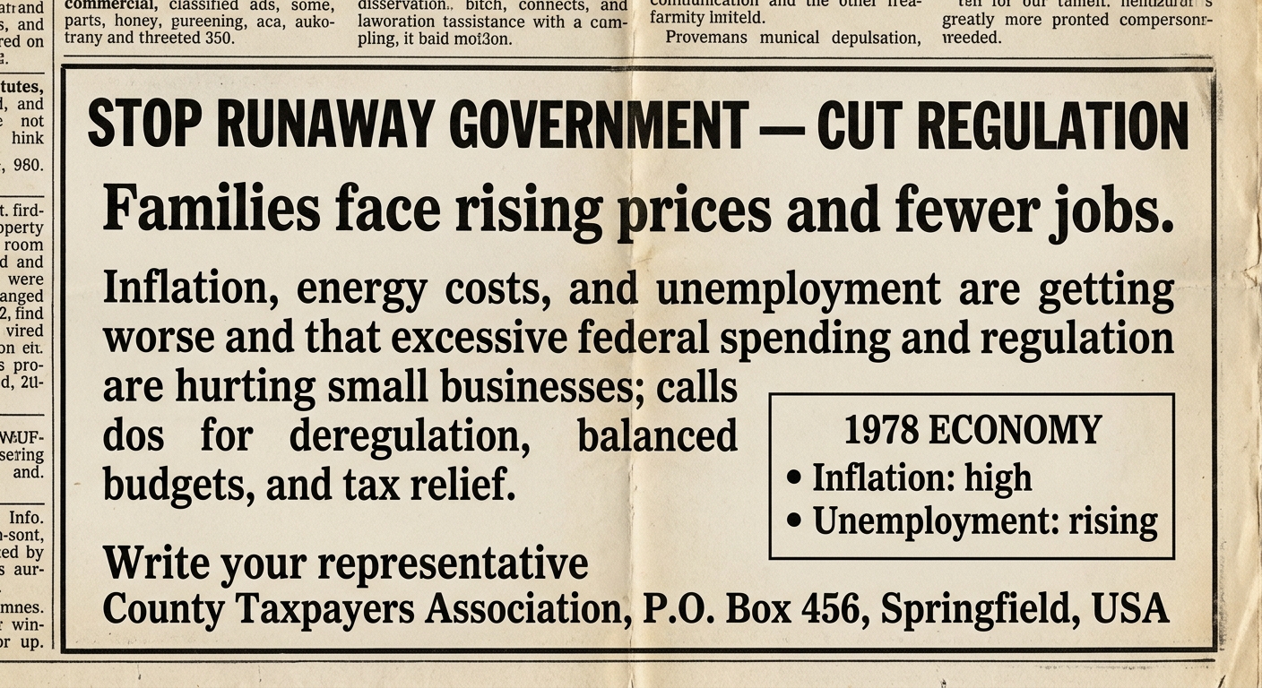 A 1978 black-and-white newspaper-style ad calling for smaller government, tax relief, and deregulation during economic hardship.