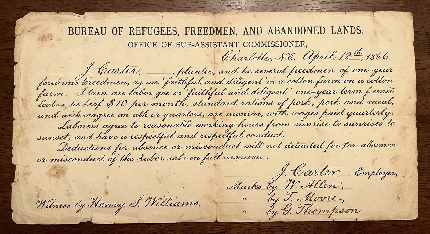 Sepia-toned 1866 labor contract document with a Freedmen’s Bureau heading, brief clauses about wages and work term, and signature lines.