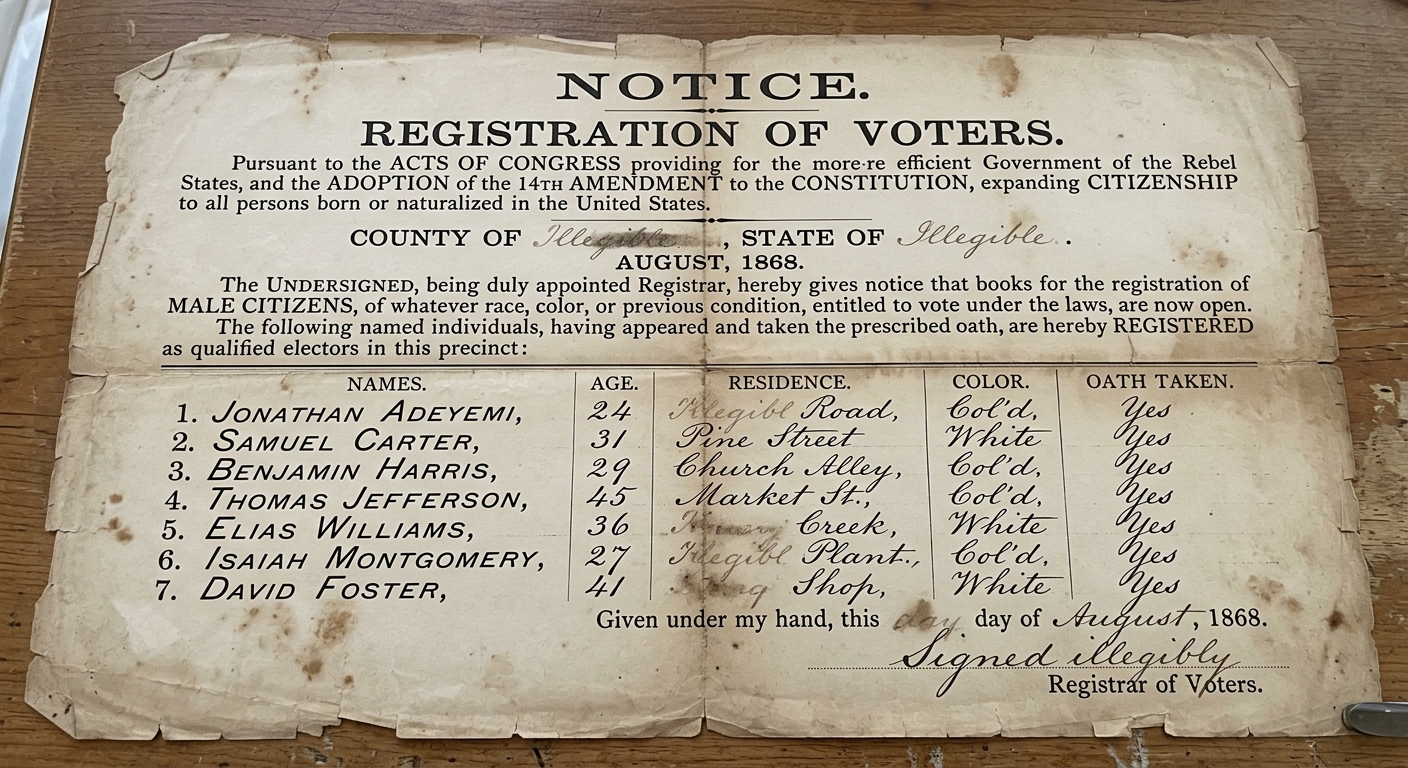 Aged sepia 1868 Reconstruction-era voter registration document listing names, dated August 1868, with an official signature line.
