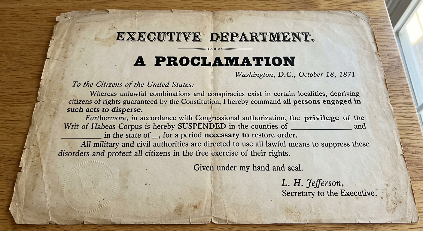 Sepia-toned 1871 federal proclamation-style document about enforcing Reconstruction rights and responding to organized violence, with an official signature line.