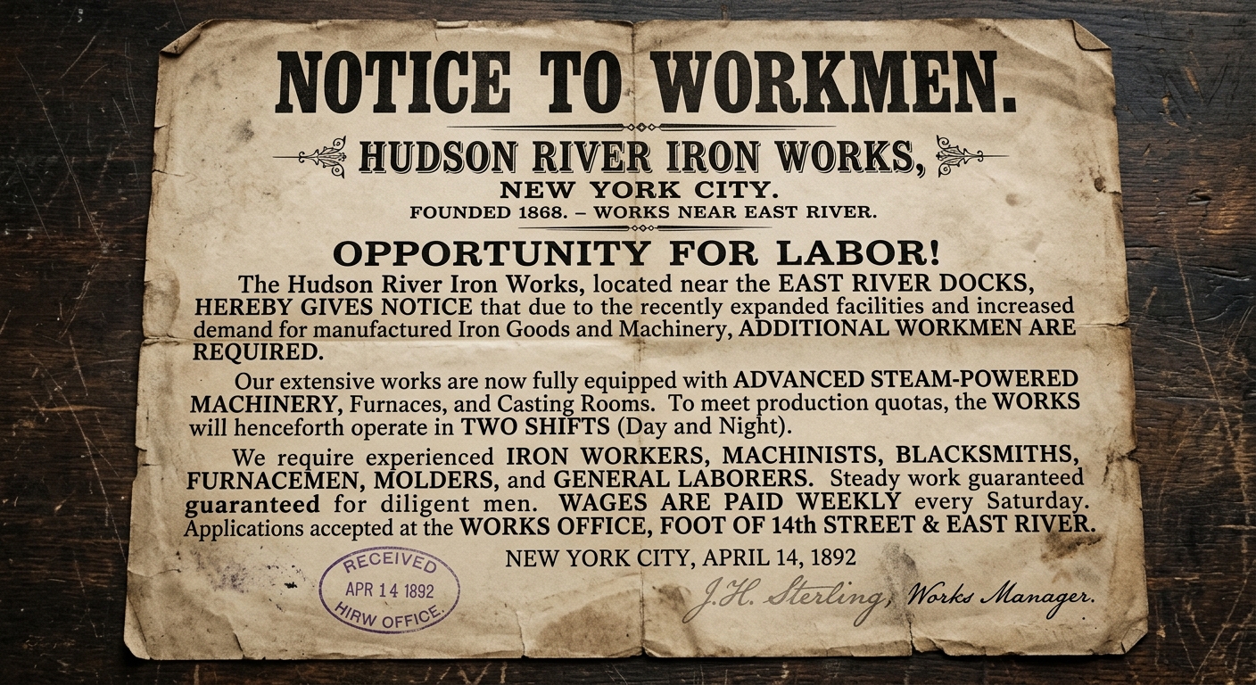 A sepia-toned 1892 New York City factory recruitment notice titled "Notice to Workmen," mentioning steam-powered machinery, expanded production, weekly wages, and a need for more workers, with an ink stamp and signature.
